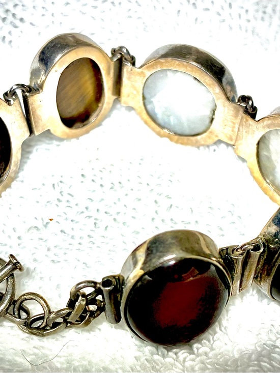 925 Sterling Silver Jewelry - Vintage Victorian Sterling Silver Multi-Gem Link Bracelet